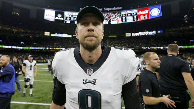 NEW ORLEANS, LOUISIANA - JANUARY 13: Nick Foles #9 of the Philadelphia Eagles reacts after his teams loss to the New Orleans Saints in the NFC Divisional Playoff Game at Mercedes Benz Superdome on January 13, 2019 in New Orleans, Louisiana. The Saints defeated the Eagles 20-14.