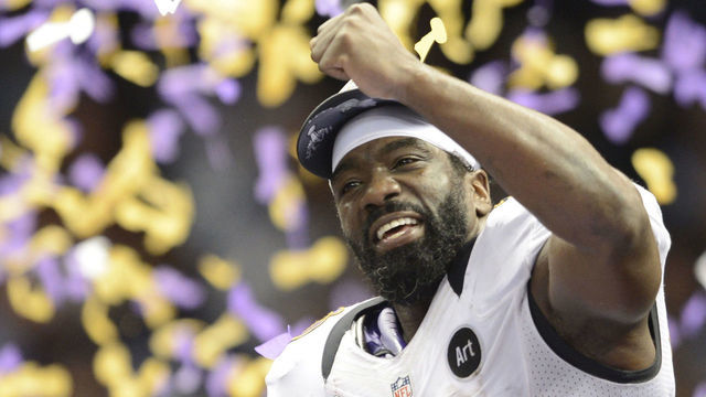 Ed Reed of the Baltimore Ravens celebrates following their 34-31 victory over the San Francisco 49ers in Super Bowl XLVII at the Mercedes-Benz Superdome on February 3, 2013 in New Orleans, Louisiana. AFP PHOTO / TIMOTHY A. CLARY