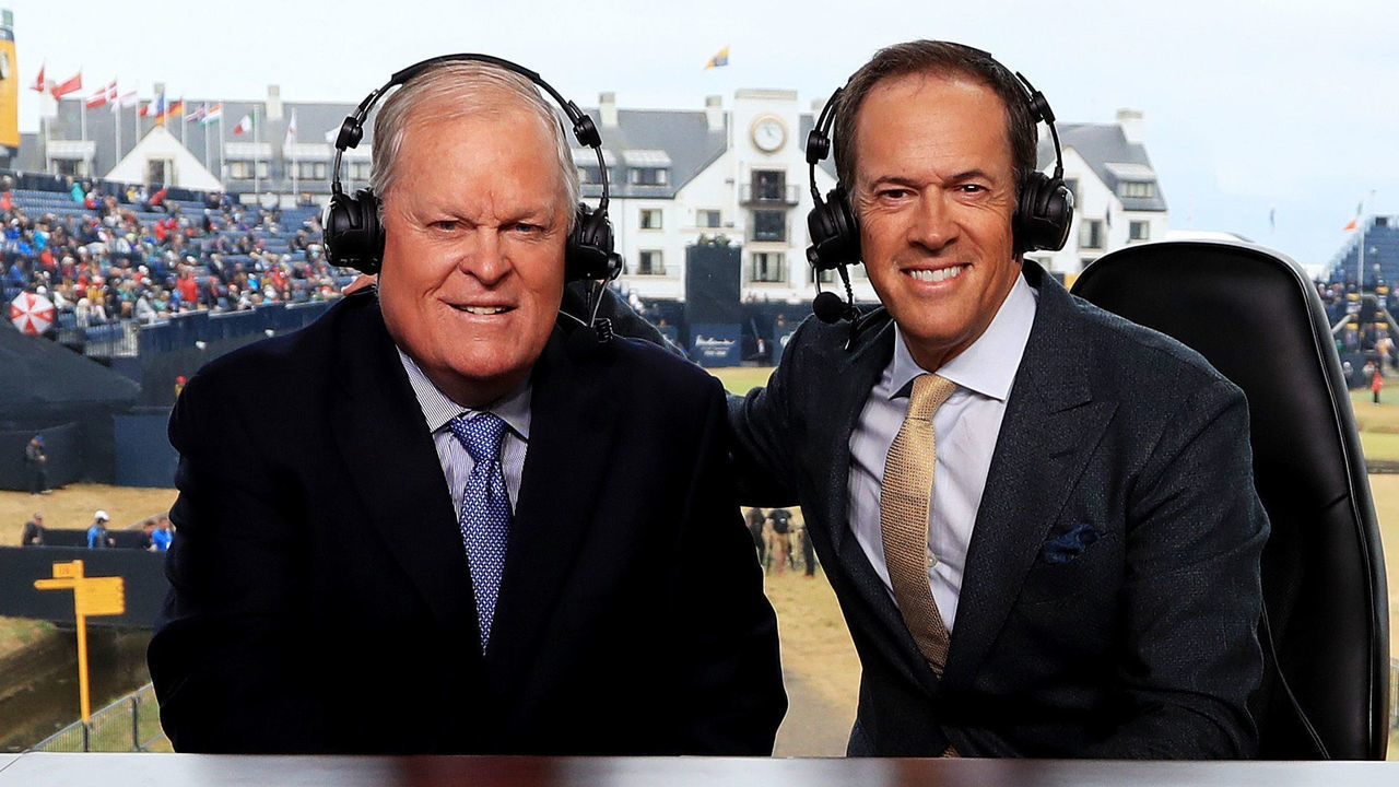 CARNOUSTIE, SCOTLAND - JULY 20: NBC commenators Johnny Miller and Dan Hicks appear on set during the second round of the 147th Open Championship at Carnoustie Golf Club on July 20, 2018 in Carnoustie, Scotland.