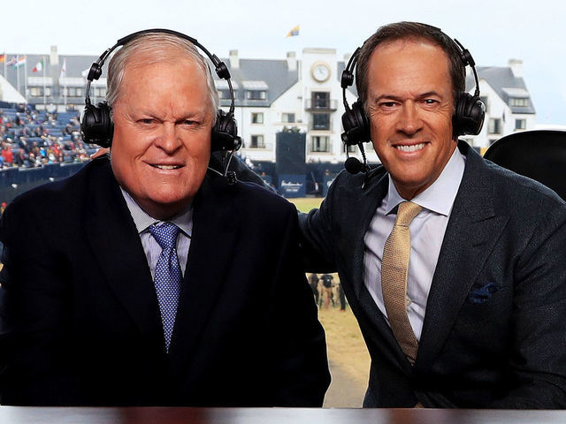 CARNOUSTIE, SCOTLAND - JULY 20: NBC commenators Johnny Miller and Dan Hicks appear on set during the second round of the 147th Open Championship at Carnoustie Golf Club on July 20, 2018 in Carnoustie, Scotland.