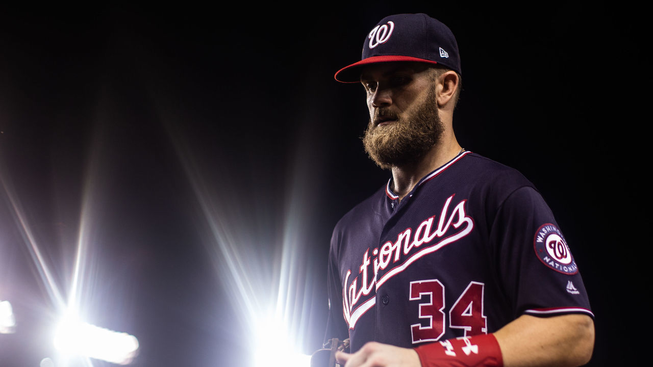 WASHINGTON, D.C. - SEPTEMBER 25: Bryce Harper #34 of the Washington Nationals looks on during a game against the Miami Marlins at Nationals Park on Tuesday, September 25, 2018 in Washington, D.C.