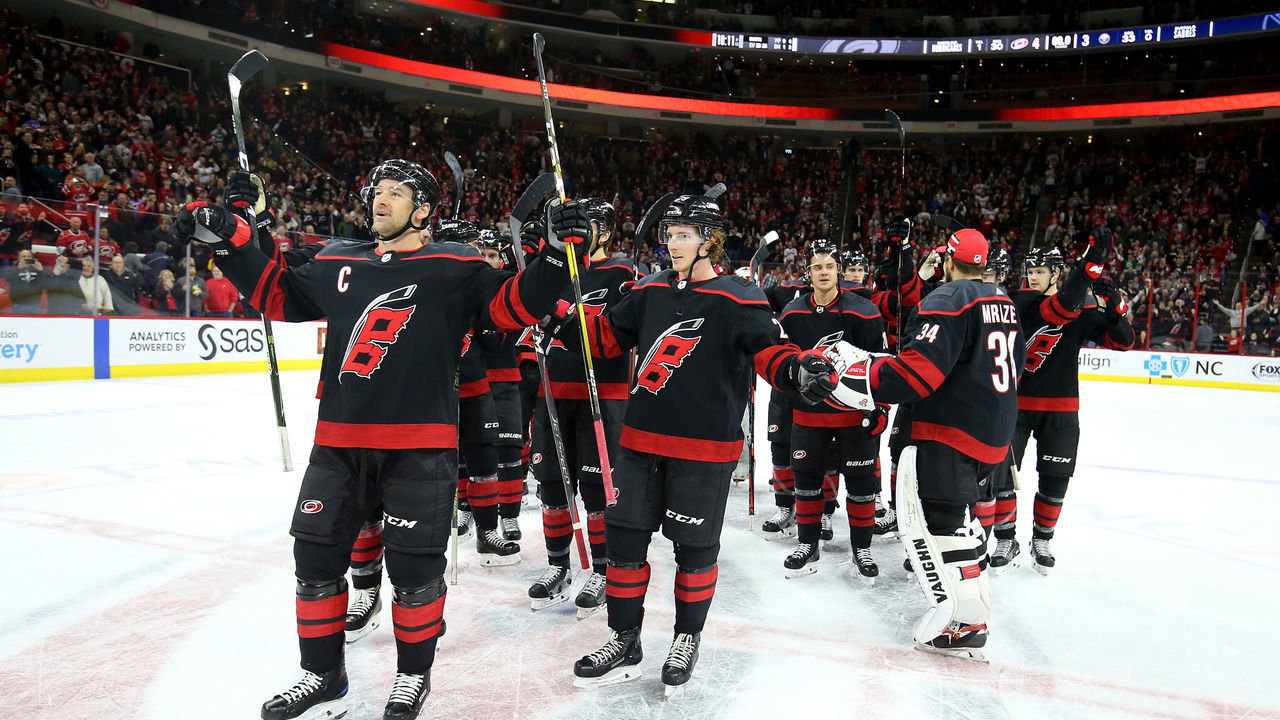 RALEIGH, NC - JANUARY 11: Justin Williams #14 of the Carolina Hurricanes leads the team in a Storm Surge following an NHL game against the Buffalo Sabres on January 11 ,2019 at PNC Arena in Raleigh, North Carolina.