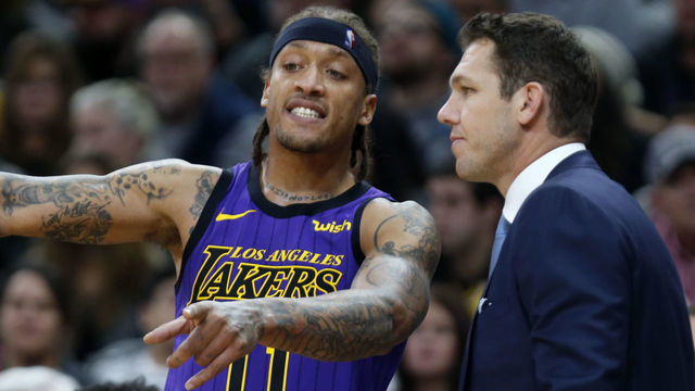 SAN ANTONIO, TX - DECEMBER 7: Michael Beasley #11 of the Los Angeles Lakers talks with head coach Luke Walton during game against the San Antonio Spurs at AT&T Center on December 7 , 2018 in San Antonio, Texas. NOTE TO USER: User expressly acknowledges and agrees that , by downloading and or using this photograph, User is consenting to the terms and conditions of the Getty Images License Agreement.