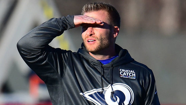 FLOWERY BRANCH, GA - JANUARY 31: Head Coach Sean McVay of the Los Angeles Rams watches warm ups before practice for Super Bowl LIII at the Atlanta Falcons Training Facility on January 31, 2019 in Flowery Branch, Georgia.