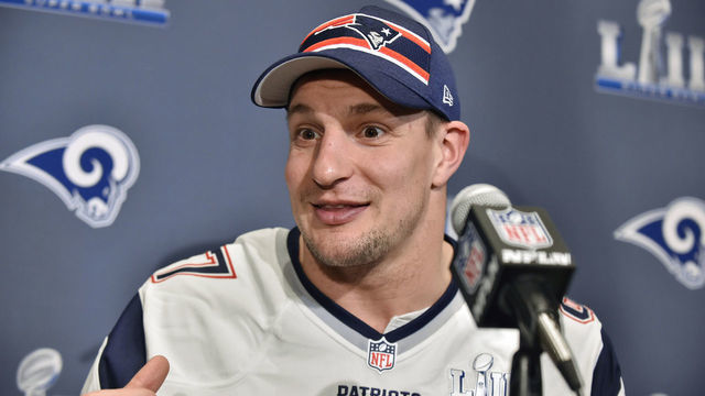 ATLANTA, GA - JANUARY 30: New England Patriots tight end Rob Gronkowski talks to members of the media during a New England Patriots press conference for Super Bowl LIII on January 30, 2019, at the Hyatt Regency Atlanta in Atlanta, GA.