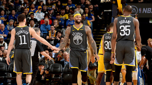 OAKLAND, CA - FEBRUARY 2: DeMarcus Cousins #0 of the Golden State Warriors reacts against the Los Angeles Lakers on February 2, 2019 at ORACLE Arena in Oakland, California. Mandatory Copyright Notice: Copyright 2019 NBAE