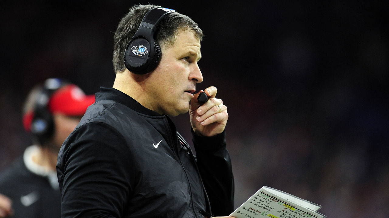 INDIANAPOLIS, IN - DECEMBER 01: Ohio State Buckeyes Associate Head Coach for Defense Greg Schiano talks on his headset during the Big Ten Conference Championship college football game between the Northwestern Wildcats and the Ohio State Buckeyes on December 1, 2018, at Lucas Oil Stadium in Indianapolis, Indiana.