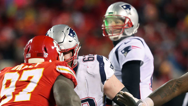 KANSAS CITY, MO - JANUARY 20: What appears to be a green light from a laser pointed from the stands can be seen on the right side of the face of New England Patriots quarterback Tom Brady during a play in the fourth quarter. The NFL has said they are investigating the incident. The Kansas City Chiefs host the New England Patriots in an NFL AFC Championship game at Arrowhead Stadium in Kansas City, MO on Jan. 20, 2019.