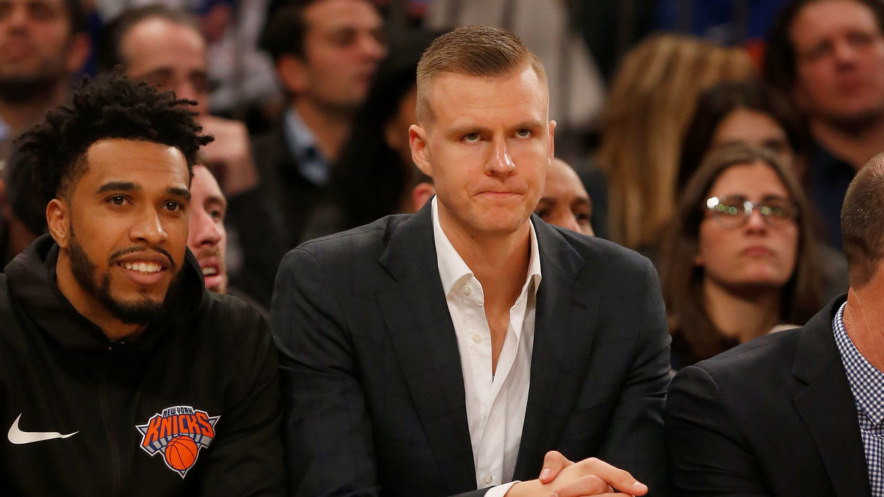 NEW YORK, NY - OCTOBER 17: (NEW YORK DAILIES OUT) Kristaps Porzingis #6 of the New York Knicks looks on during a game against the Atlanta Hawks at Madison Square Garden on October 17, 2018 in New York City. The Knicks defeated the Hawks 126-107. NOTE TO USER: User expressly acknowledges and agrees that, by downloading and/or using this Photograph, user is consenting to the terms and conditions of the Getty Images License Agreement.