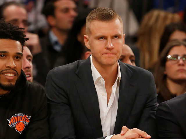NEW YORK, NY - OCTOBER 17: (NEW YORK DAILIES OUT) Kristaps Porzingis #6 of the New York Knicks looks on during a game against the Atlanta Hawks at Madison Square Garden on October 17, 2018 in New York City. The Knicks defeated the Hawks 126-107. NOTE TO USER: User expressly acknowledges and agrees that, by downloading and/or using this Photograph, user is consenting to the terms and conditions of the Getty Images License Agreement.