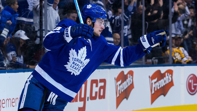 TORONTO, ON - JANUARY 12: Auston Matthews #34 of the Toronto Maple Leafs celebrates a Toronto Maple Leafs goal against the Boston Bruins during the second period at the Scotiabank Arena on January 12, 2019 in Toronto, Ontario, Canada.