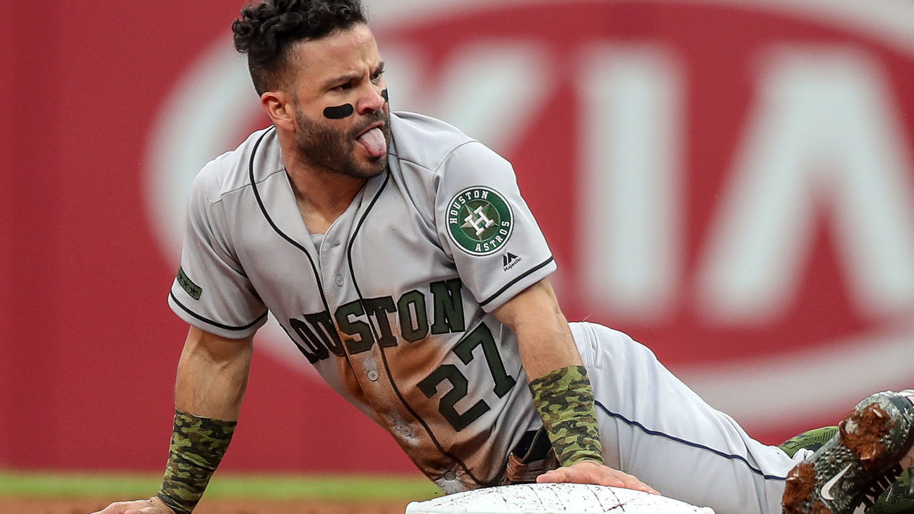 CLEVELAND, OH - MAY 26: Houston Astros second baseman Jose Altuve (27) is safe at second base with a stolen base during the first inning of the Major League Baseball game between the Houston Astros and Cleveland Indians on May 26, 2018, at Progressive Field in Cleveland, OH.