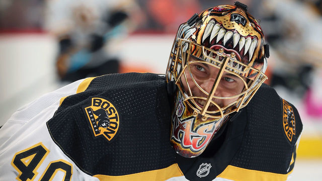 PHILADELPHIA, PA - JANUARY 16: Tuukka Rask #40 of the Boston Bruins looks on during warmups prior to his game against the Philadelphia Flyers on January 16, 2019 at the Wells Fargo Center in Philadelphia, Pennsylvania.