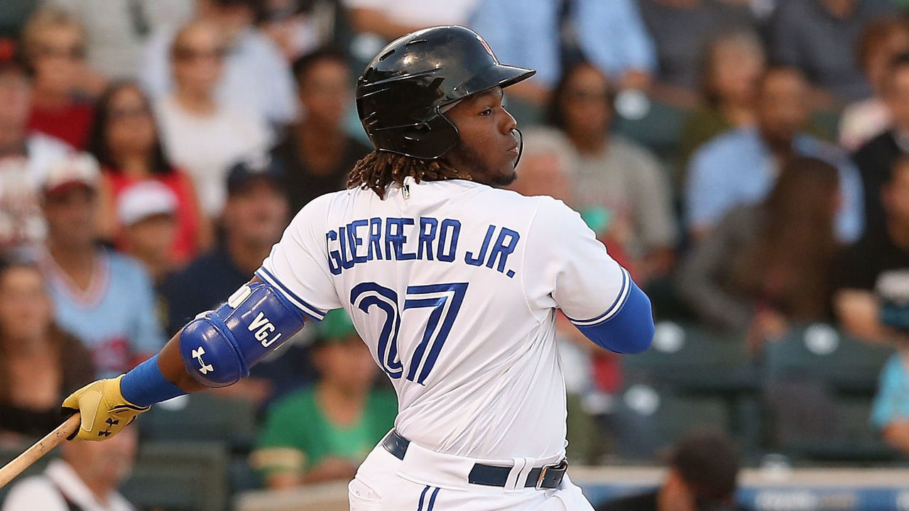 SURPRISE, AZ - NOVEMBER 03: AFL West All-Star, Vladimir Guerrero Jr #27 of the Toronto Blue Jays bats during the Arizona Fall League All Star Game at Surprise Stadium on November 3, 2018 in Surprise, Arizona.
