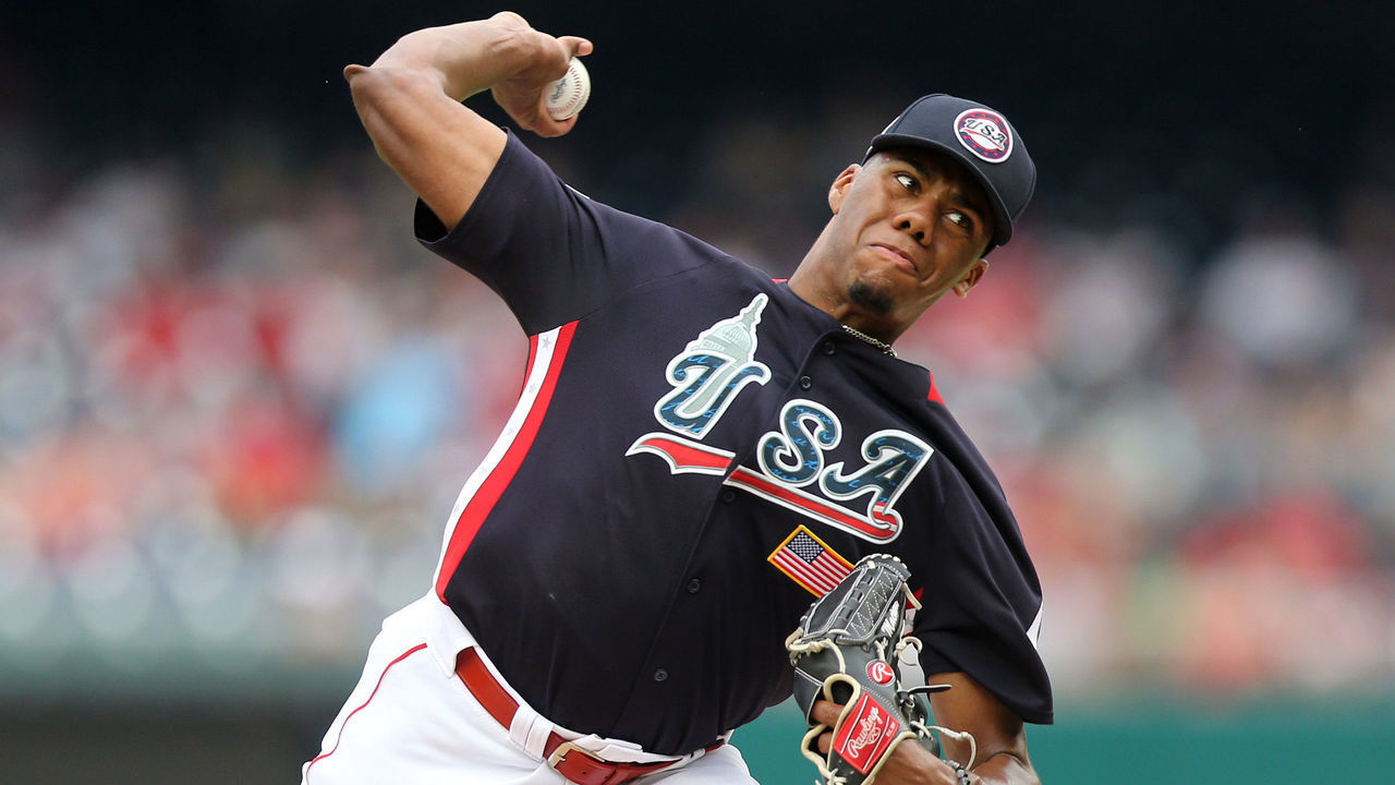 WASHINGTON, D.C. - JULY 15: Hunter Greene #3 of Team USA pitches during the SiriusXM All-Star Futures Game at Nationals Park on Sunday, July 15, 2018 in Washington, D.C.