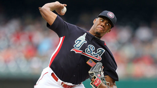 WASHINGTON, D.C. - JULY 15: Hunter Greene #3 of Team USA pitches during the SiriusXM All-Star Futures Game at Nationals Park on Sunday, July 15, 2018 in Washington, D.C.