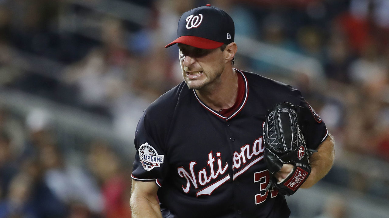 WASHINGTON, DC - AUGUST 07: Max Scherzer #31 of the Washington Nationals reacts after striking out Dansby Swanson #7 of the Atlanta Braves (not pictured) in the seventh inning during game two of a doubleheader at Nationals Park on August 7, 2018 in Washington, DC.