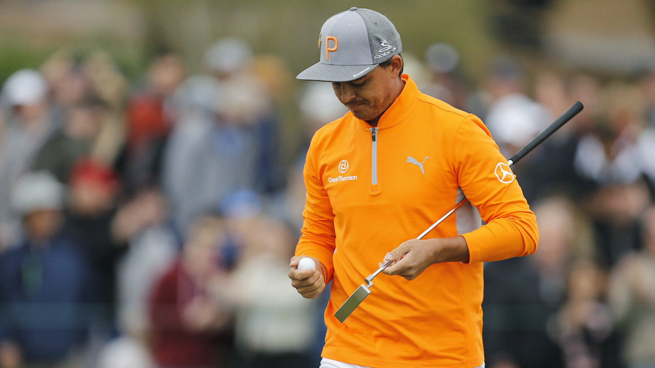 SCOTTSDALE, ARIZONA - FEBRUARY 03: Rickie Fowler reacts on the ninth green during the final round of the Waste Management Phoenix Open at TPC Scottsdale on February 03, 2019 in Scottsdale, Arizona.