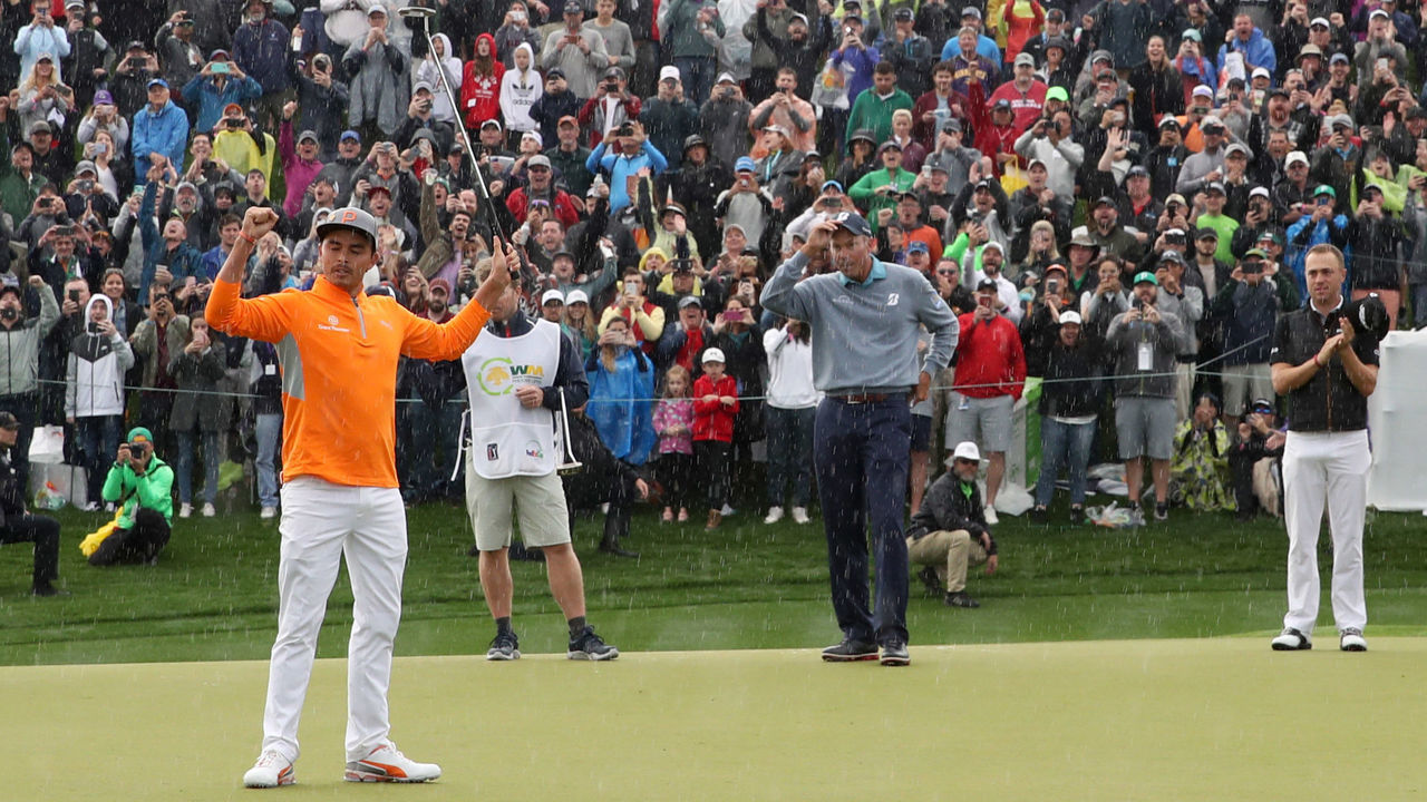 SCOTTSDALE, ARIZONA - FEBRUARY 03: Rickie Fowler celebrates following his winning par putt on the 18th green during the final round of the Waste Management Phoenix Open at TPC Scottsdale on February 03, 2019 in Scottsdale, Arizona.