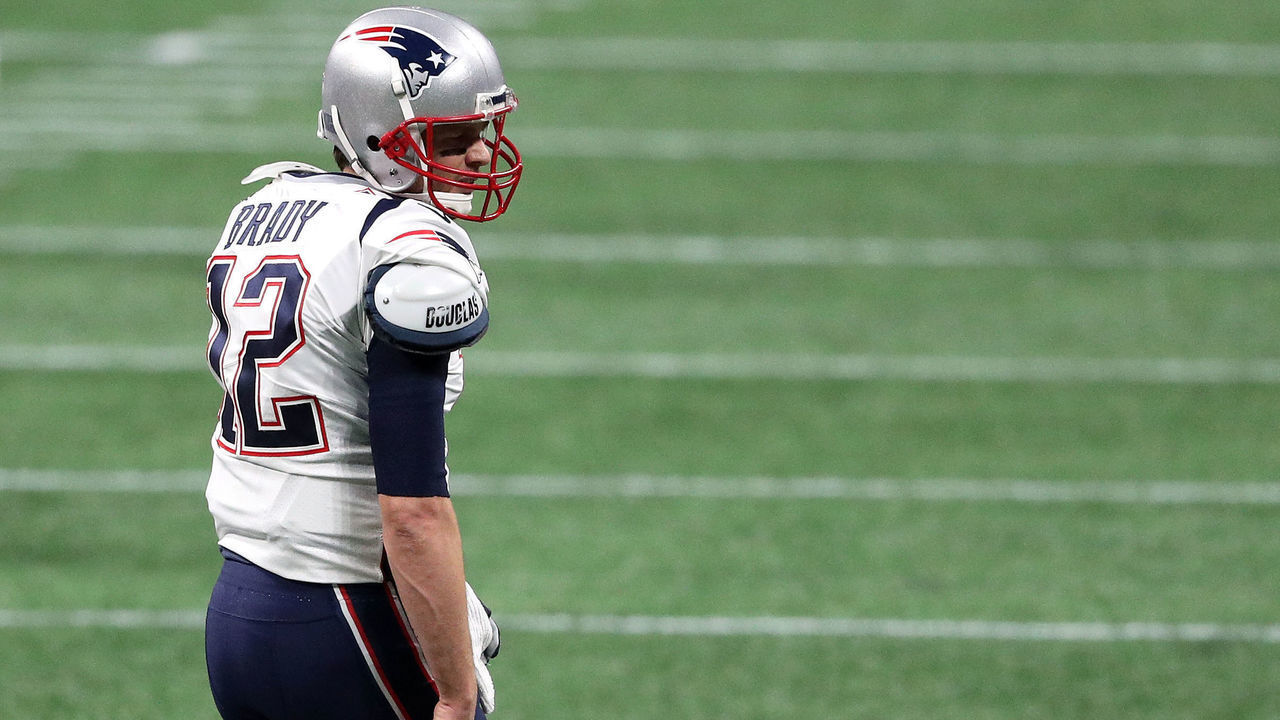 ATLANTA, GEORGIA - FEBRUARY 03: Tom Brady #12 of the New England Patriots reacts in the first quarter against the Los Angeles Rams during Super Bowl LIII at Mercedes-Benz Stadium on February 03, 2019 in Atlanta, Georgia.