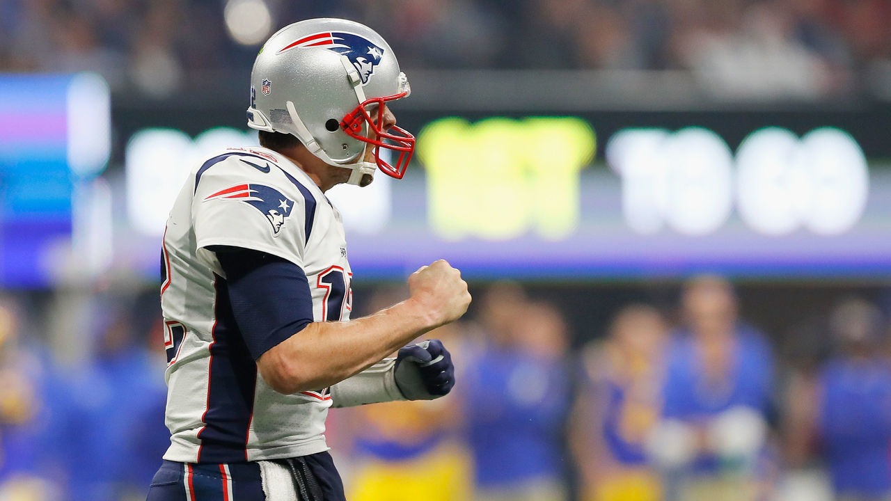 ATLANTA, GA - FEBRUARY 03: Tom Brady #12 of the New England Patriots reacts after the New England Patriots score a touchdown in the fourth quarter during Super Bowl LIII against the Los Angeles Rams at Mercedes-Benz Stadium on February 3, 2019 in Atlanta, Georgia.