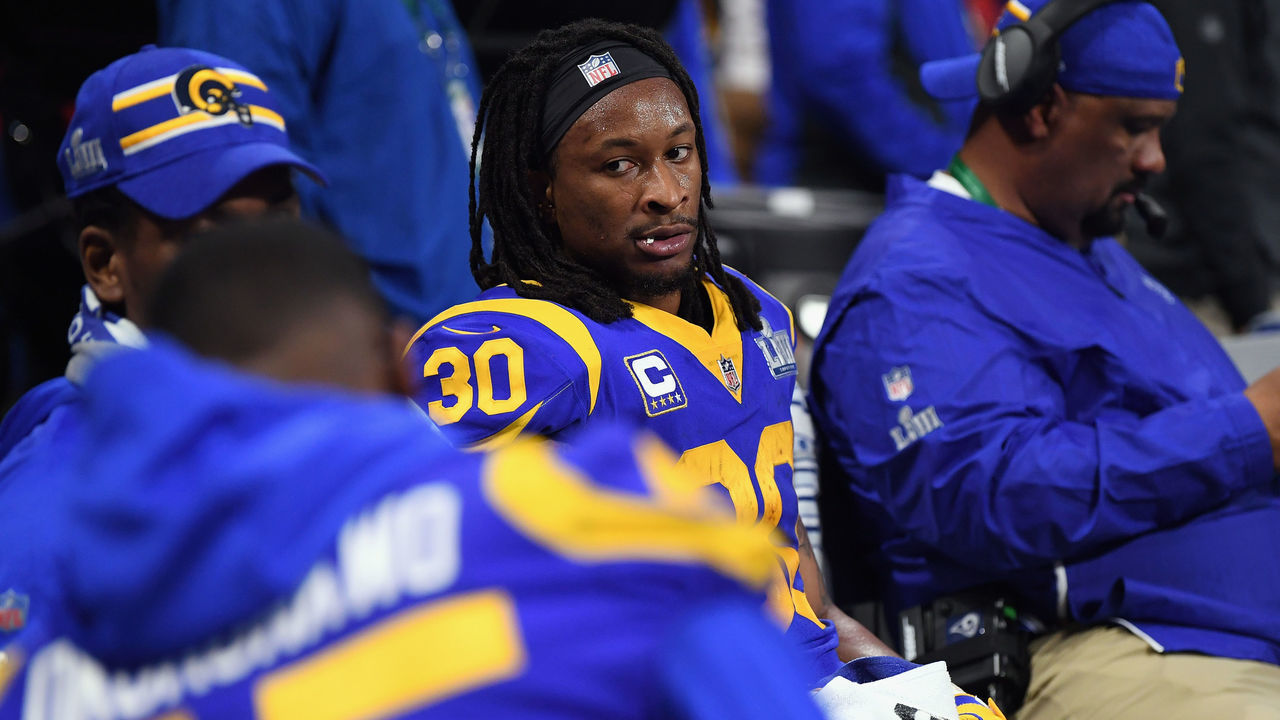 ATLANTA, GA - FEBRUARY 03: Todd Gurley II #30 of the Los Angeles Rams gestures while he is on the bench in the second half during Super Bowl LIII at Mercedes-Benz Stadium on February 3, 2019 in Atlanta, Georgia.