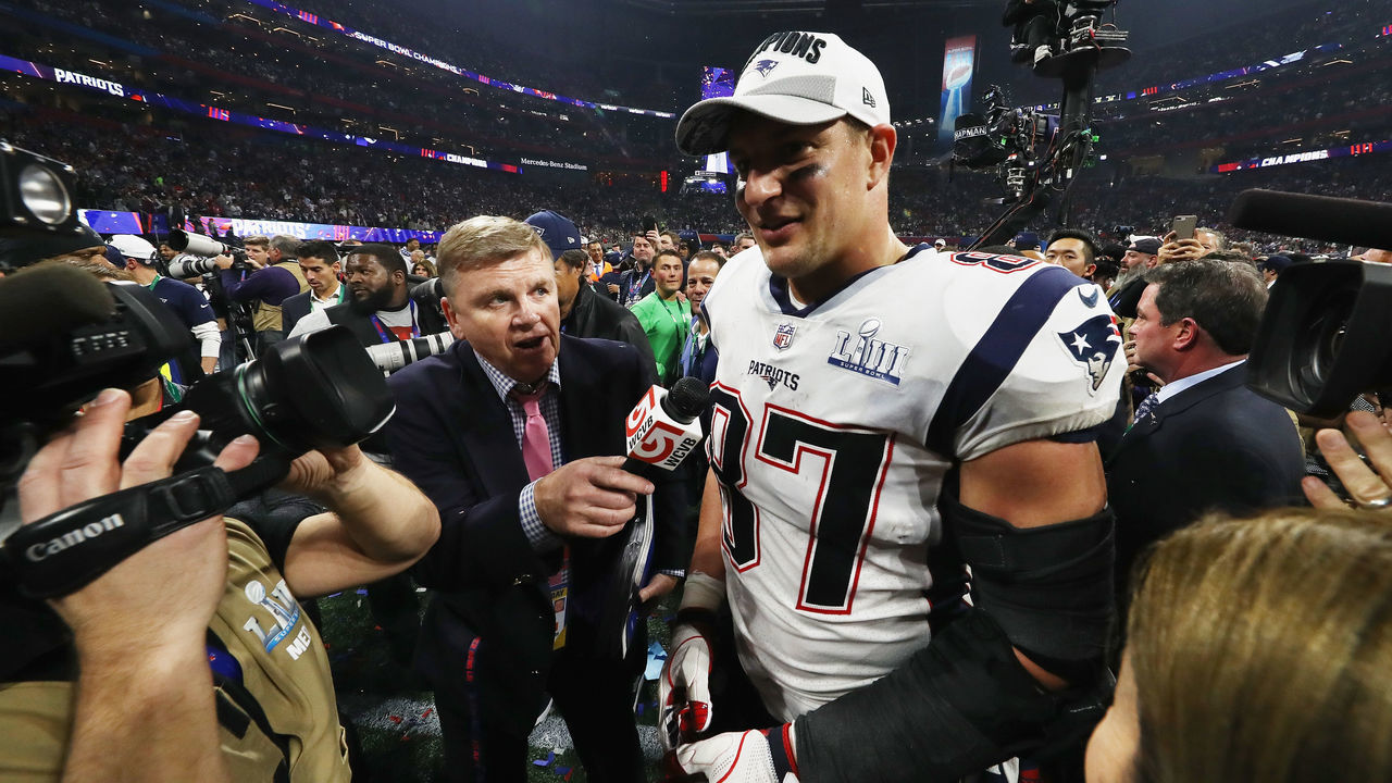 ATLANTA, GA - FEBRUARY 03: Rob Gronkowski #87 of the New England Patriots celebrates after the Patriots defeat the Los Angeles Rams 13-3 during Super Bowl LIII at Mercedes-Benz Stadium on February 3, 2019 in Atlanta, Georgia.