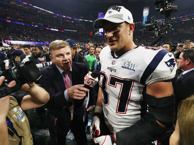 ATLANTA, GA - FEBRUARY 03: Rob Gronkowski #87 of the New England Patriots celebrates after the Patriots defeat the Los Angeles Rams 13-3 during Super Bowl LIII at Mercedes-Benz Stadium on February 3, 2019 in Atlanta, Georgia.