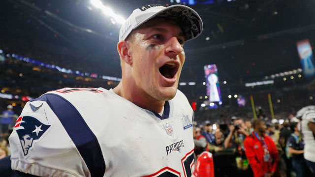 ATLANTA, GA - FEBRUARY 03: Rob Gronkowski #87 of the New England Patriots celebrates his team's victory in the Super Bowl LIII at Mercedes-Benz Stadium on February 3, 2019 in Atlanta, Georgia. The New England Patriots defeat the Los Angeles Rams 13-3.