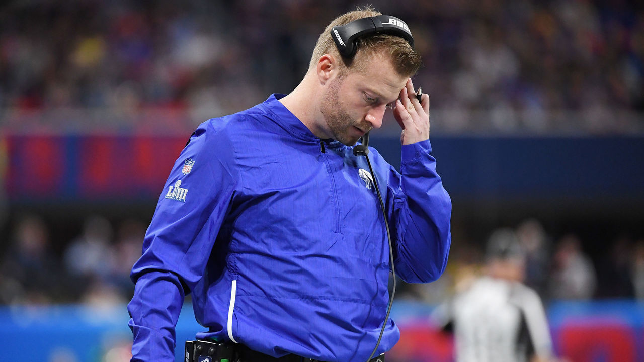 ATLANTA, GA - FEBRUARY 03: Head Coach Sean McVay of the Los Angeles Rams reacts in the first half during Super Bowl LIII against the New England Patriots at Mercedes-Benz Stadium on February 3, 2019 in Atlanta, Georgia.