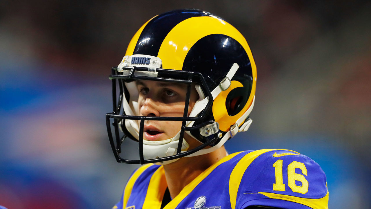ATLANTA, GA - FEBRUARY 03: Jared Goff #16 of the Los Angeles Rams looks on in the first half during Super Bowl LIII against the New England Patriots at Mercedes-Benz Stadium on February 3, 2019 in Atlanta, Georgia.