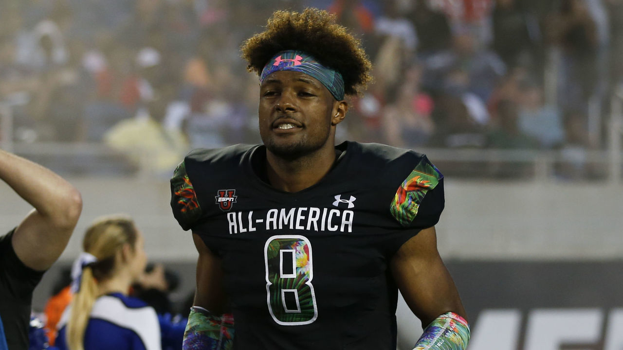 ORLANDO, FL - JANUARY 03: Team Ballaholics defensive end Kayvon Thibodeaux (8) takes the field before the 2019 Under Armour All-America Game between Team Ballaholics and Team Flash on January 03, 2019 at Camping World Stadium in Orlando, FL.