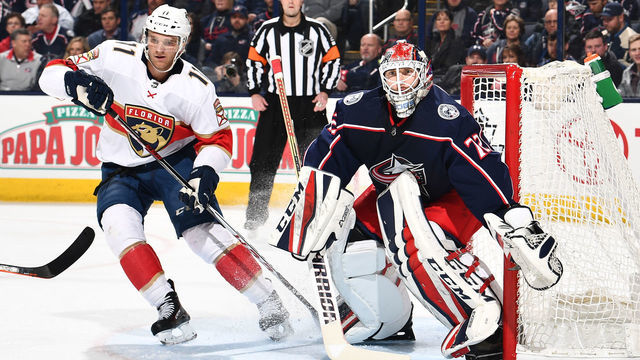 COLUMBUS, OH - MARCH 22: Jonathan Huberdeau #11 of the Florida Panthers skates by as goaltender Sergei Bobrovsky #72 of the Columbus Blue Jackets defends the net on March 22, 2018 at Nationwide Arena in Columbus, Ohio. *** Local Caption *** Jonathan Huberdeau;Sergei Bobrovsky