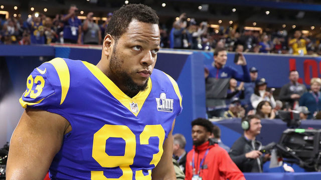 ATLANTA, GA - FEBRUARY 03: Ndamukong Suh #93 of the Los Angeles Rams enters the field during warmups prior to Super Bowl LIII against the New England Patriots at Mercedes-Benz Stadium on February 3, 2019 in Atlanta, Georgia.