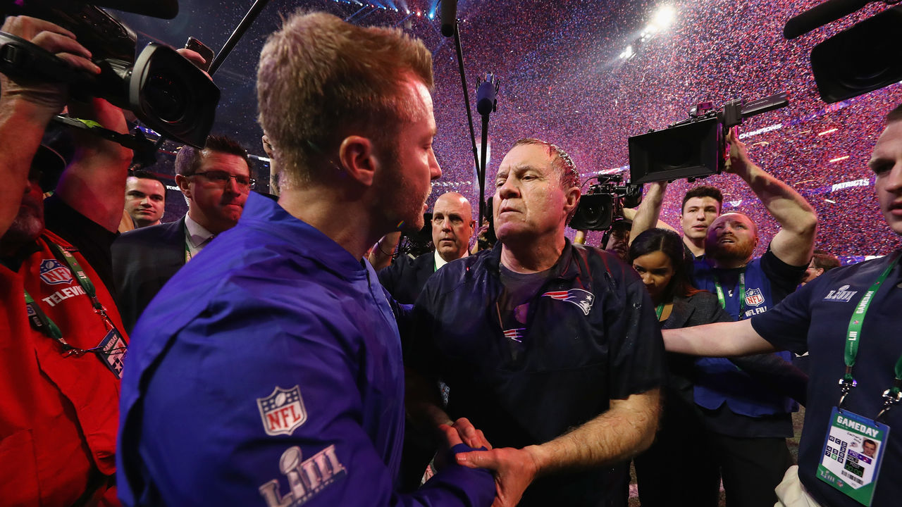 ATLANTA, GA - FEBRUARY 03: Head Coach Sean McVay of the Los Angeles Rams and Head Coach Bill Belichick of the New England Patriots shake hands at the end of the Super Bowl LIII at Mercedes-Benz Stadium on February 3, 2019 in Atlanta, Georgia. The New England Patriots defeat the Los Angeles Rams 13-3.