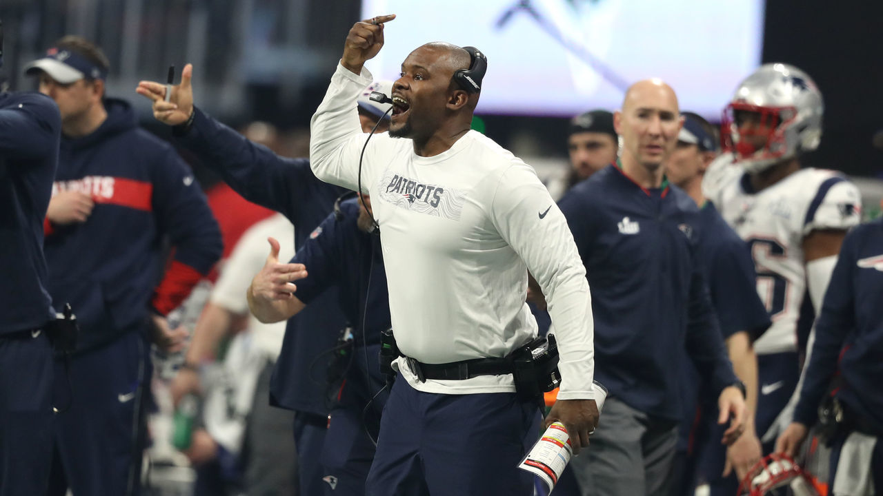 ATLANTA, GA - FEBRUARY 3: Patriots defensive coordinator Brian Flores during the fourth quarter. The New England Patriots play the Los Angeles Rams in Super Bowl LIII at Mercedes-Benz Stadium in Atlanta on Feb. 03, 2019.