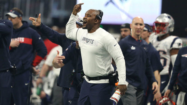 ATLANTA, GA - FEBRUARY 3: Patriots defensive coordinator Brian Flores during the fourth quarter. The New England Patriots play the Los Angeles Rams in Super Bowl LIII at Mercedes-Benz Stadium in Atlanta on Feb. 03, 2019.