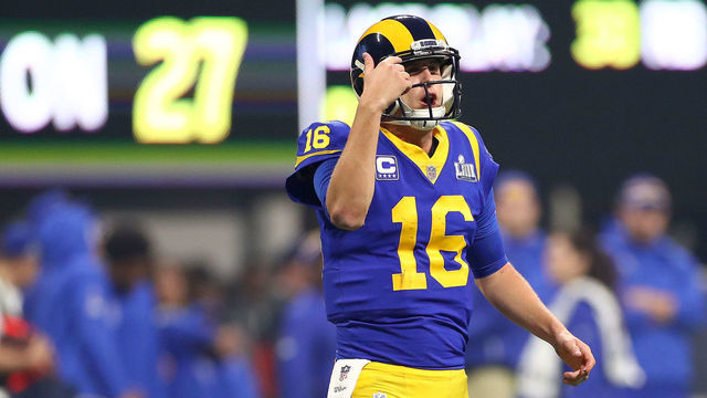 ATLANTA, GEORGIA - FEBRUARY 03: Jared Goff #16 of the Los Angeles Rams reacts against New England Patriots in the third quarter during Super Bowl LIII at Mercedes-Benz Stadium on February 03, 2019 in Atlanta, Georgia.