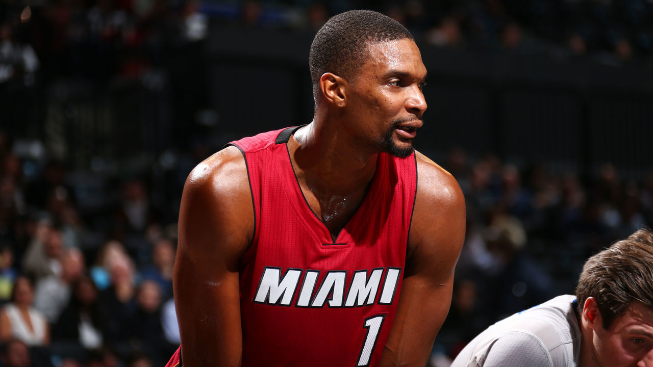 BROOKLYN, NY - JANUARY 26: Chris Bosh #1 of the Miami Heat looks on during the game against the Brooklyn Nets on January 26, 2016 at Barclays Center in the Brooklyn borough of New York City. Mandatory Copyright Notice: Copyright 2016 NBAE