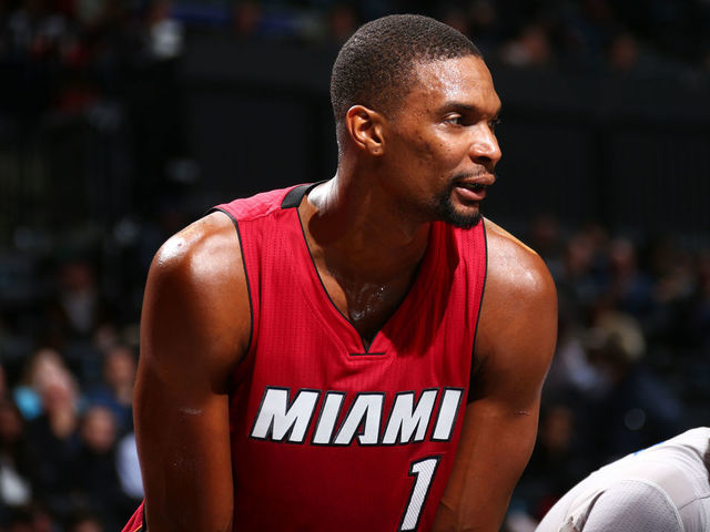 BROOKLYN, NY - JANUARY 26: Chris Bosh #1 of the Miami Heat looks on during the game against the Brooklyn Nets on January 26, 2016 at Barclays Center in the Brooklyn borough of New York City. Mandatory Copyright Notice: Copyright 2016 NBAE