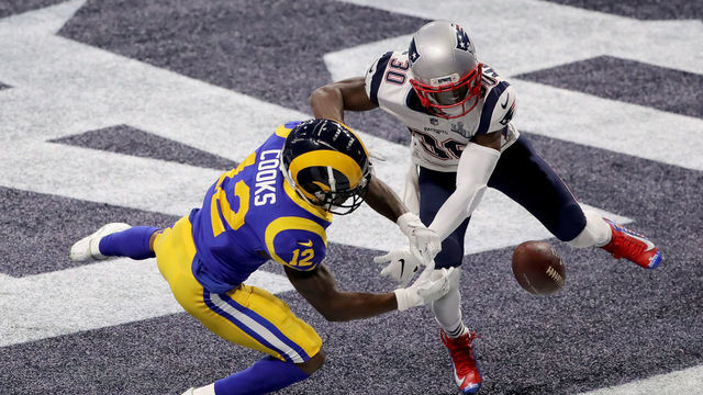 ATLANTA, GA - FEBRUARY 03: Brandin Cooks #12 of the Los Angeles Rams drops a pass in the endzone as he is defended by Jason McCourty #30 of the New England Patriots in the second half during Super Bowl LIII at Mercedes-Benz Stadium on February 3, 2019 in Atlanta, Georgia.