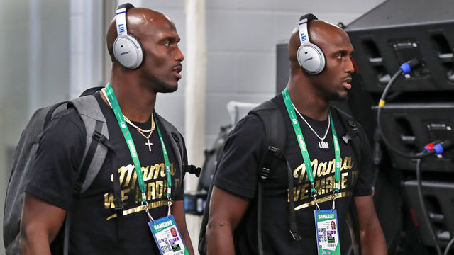 ATLANTA, GA - FEBRUARY 3: The McCourty twins, Jason (left) and Devin (right) arrive in the stadium after getting off of the team bus. The New England Patriots met the Los Angeles Rams in Super Bowl LIII at Mercedes-Benz Stadium in Atlanta on Feb. 03, 2019.
