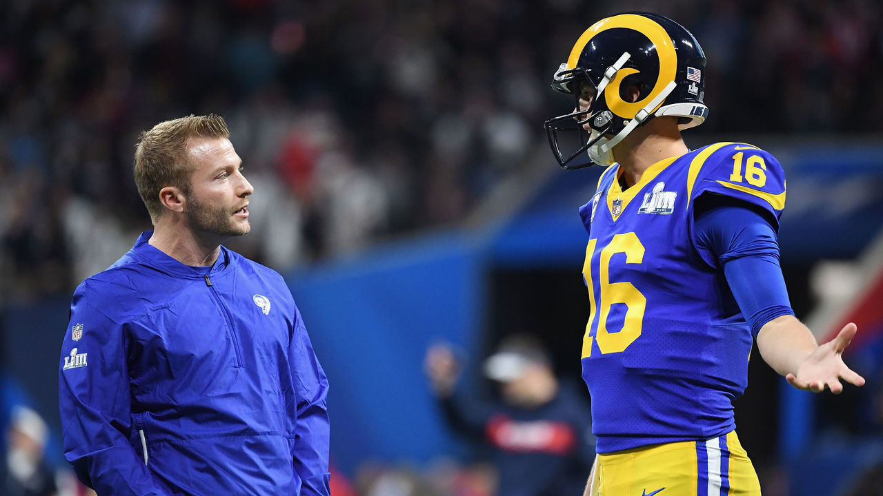 ATLANTA, GA - FEBRUARY 03: Head coach Sean McVay of the Los Angeles Rams talks with Jared Goff #16 prior to kickoff at Super Bowl LIII against the New England Patriots at Mercedes-Benz Stadium on February 3, 2019 in Atlanta, Georgia.