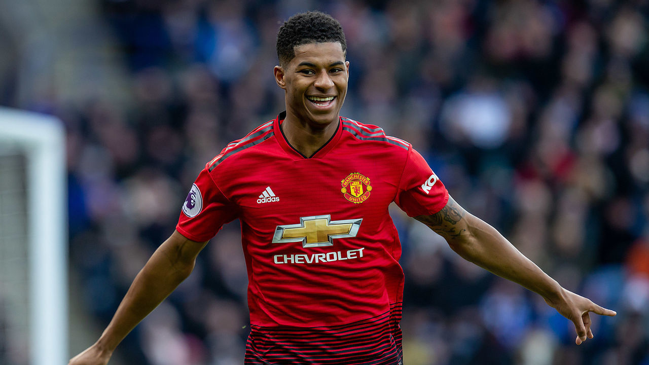 Marcus Rashford of Manchester United turns to celebrate after scoring during the Premier League match between Leicester City and Manchester United at the King Power Stadium, Leicester on Sunday 3rd February 2019.