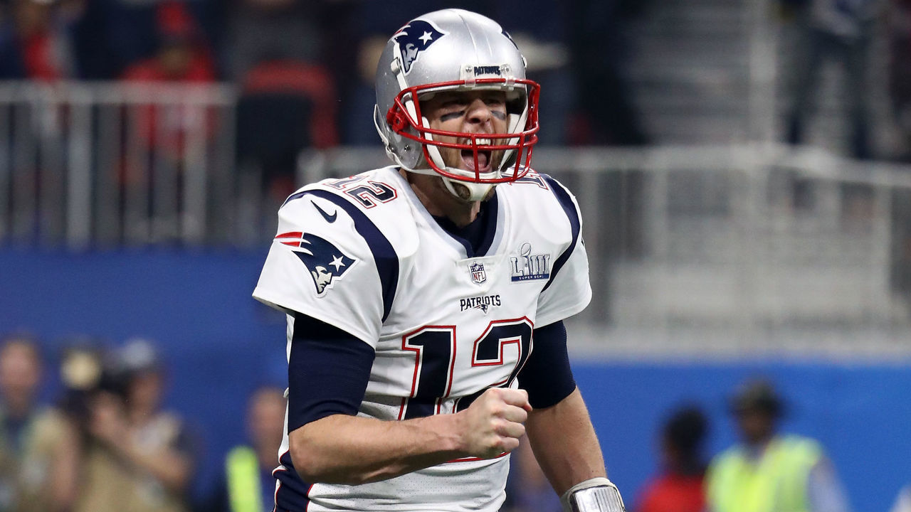 ATLANTA, GEORGIA - FEBRUARY 03: Tom Brady #12 of the New England Patriots celebrates his teams fourth quarter touchdown against the Los Angeles Rams during Super Bowl LIII at Mercedes-Benz Stadium on February 03, 2019 in Atlanta, Georgia.