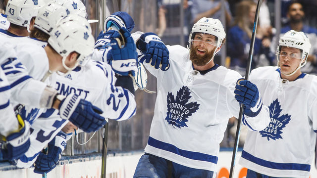 oTORONTO, ON - FEBRUARY 4: Jake Muzzin #8 of the Toronto Maple Leafs celebrates his goal and first as a member of the Toronto Maple Leafs during the second period against the Anaheim Ducks at the Scotiabank Arena on February 4, 2019 in Toronto, Ontario, Canada.