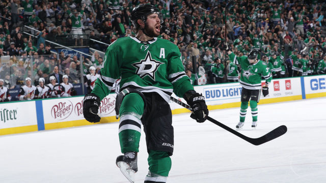 DALLAS, TX - FEBRUARY 4: Tyler Seguin #91 of the Dallas Stars celebrates a goal against the Arizona Coyotes at the American Airlines Center on February 4, 2019 in Dallas, Texas.