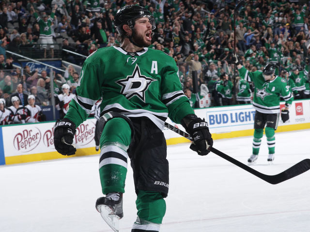 DALLAS, TX - FEBRUARY 4: Tyler Seguin #91 of the Dallas Stars celebrates a goal against the Arizona Coyotes at the American Airlines Center on February 4, 2019 in Dallas, Texas.