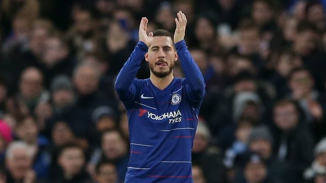 Chelsea's Belgian midfielder Eden Hazard applauds as he leaves the pitch substituted during the English Premier League football match between Chelsea and Huddersfield Town at Stamford Bridge in London on February 2, 2019.