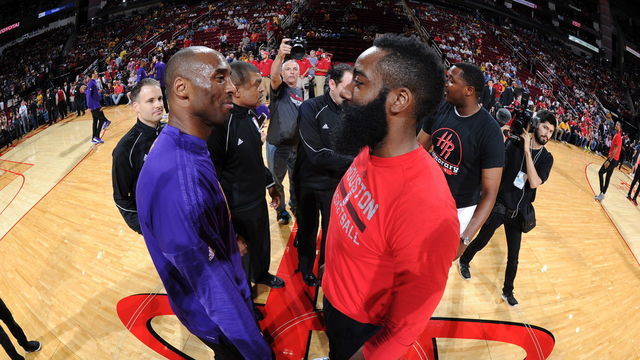 HOUSTON, TX - APRIL 10: Kobe Bryant #24 of the Los Angeles Lakers shakes hands with James Harden #13 of the Houston Rockets before the game on April 10, 2016 at the Toyota Center in Houston, Texas. Mandatory Copyright Notice: Copyright 2016 NBAE